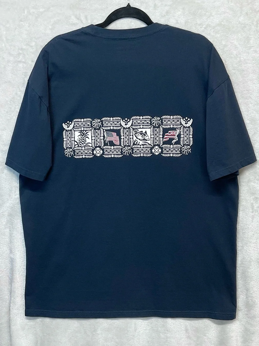 Reyn Spooner US Flag & Floral Navy Blue Two Sided T-Shirt Men’s XL
